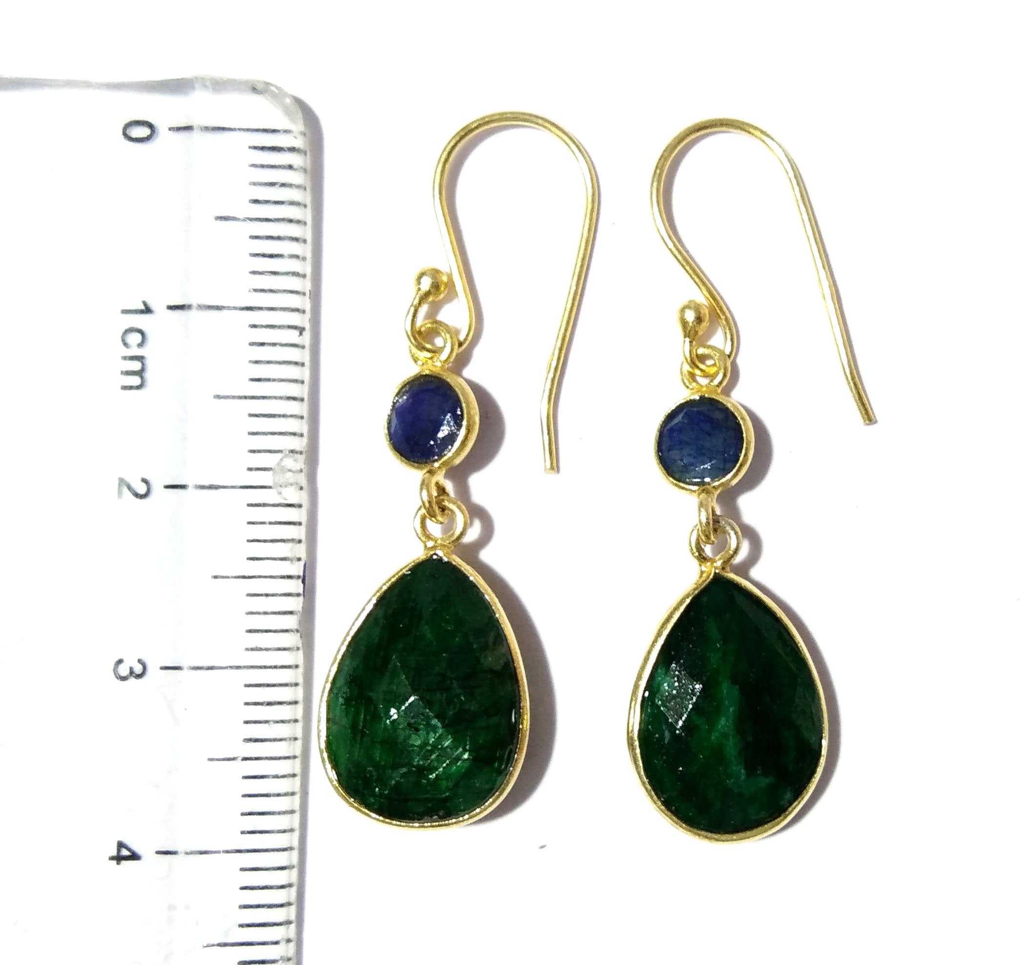 925 Sterling Silver Earring, Natural Emerald & Blue Sapphire With Gold Plated Earring, Beautiful Bezel Earring, For Girls/Women Gift